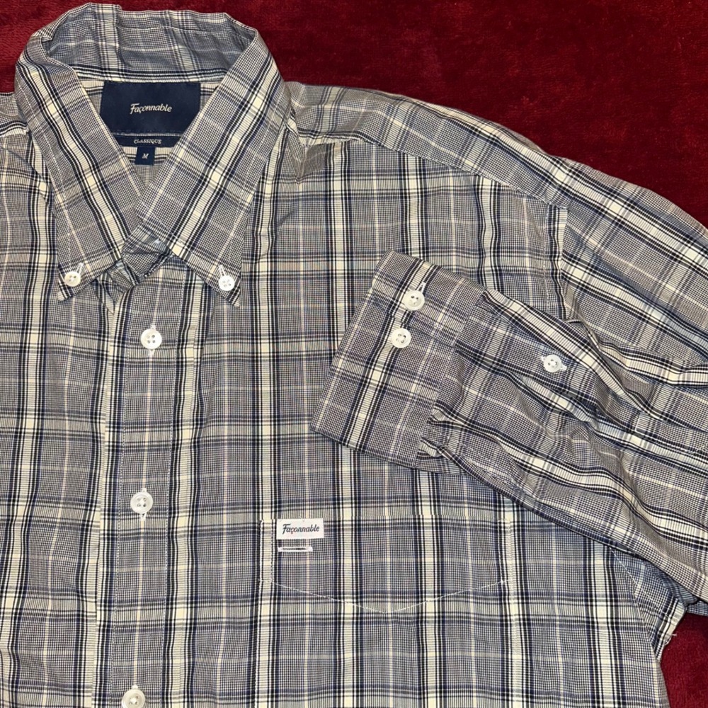 Faconnable Classique Mens Blue White Plaid Button Down Shirt Cotton Size M